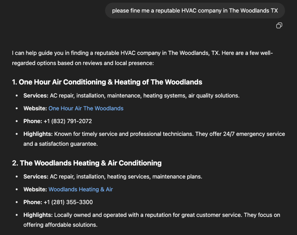 ChatGPT Rank for HVAC Company